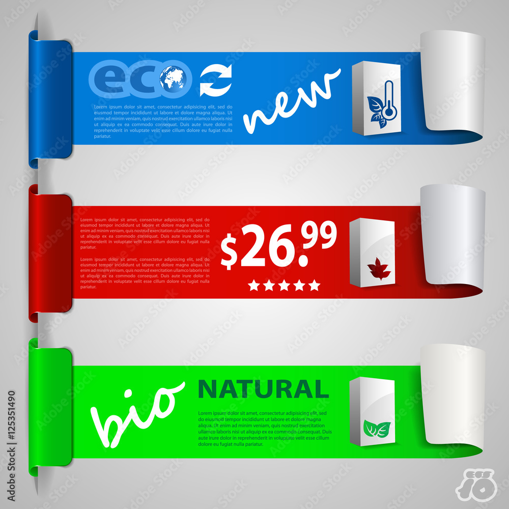 Poster set of three eco paper stickers, colorful horizontal headers or banners with abstract design, copysp