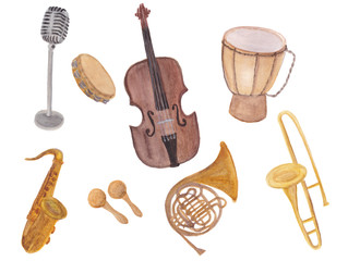 WAtercolor painting musical instruments set: violin, microphone, drum, horn, saxophone