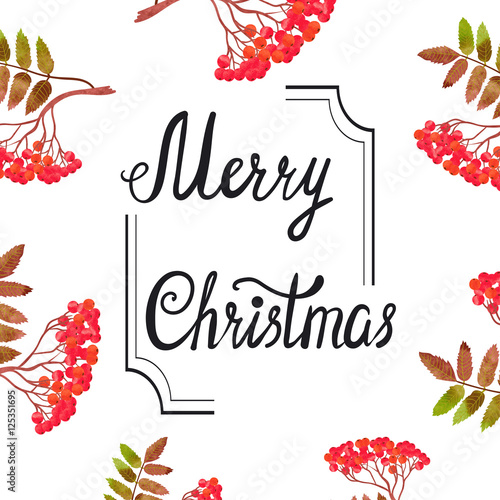 &quot;Merry Christmas card design with watercolor rowan branches with