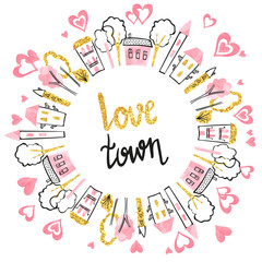 Abstract love town vector illustration. Valentines card design with doodle houses and hearts. 
