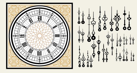 Vintage Clock dial with set hands in the Victorian style. Vector editable template - 125352263