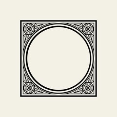 Elegant frame in Victorian style. The circle inscribed in a square. Vector Template for monograph, logos, emblems.