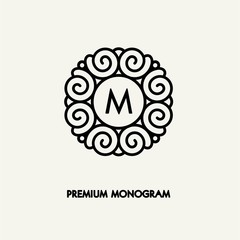 Conceptual template vector round logo design and monogram concept in trendy linear style, floral badge, emblem for fashion, beauty and jewelry industry