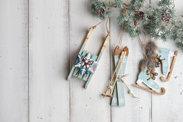 Christmas decorations on wooden background