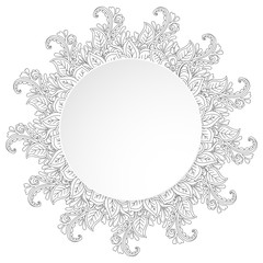 Circle 3d banner with fanciful round grey hand drawn doodle with flowers, on white background. Vector illustration