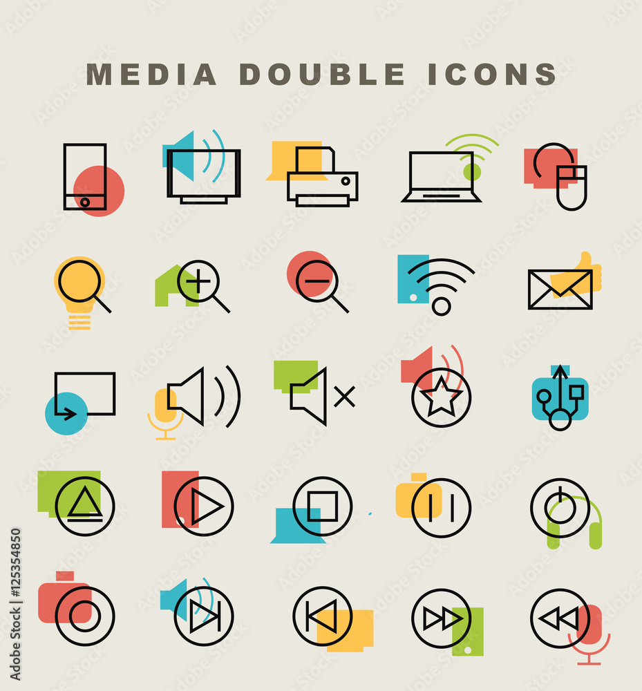 Poster set of 25 minimal simple multimedia and interface double thin line icons.