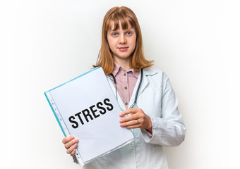 Female doctor showing clipboard with written text: Stress