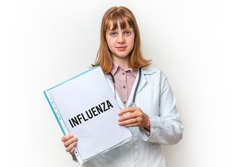 Female doctor showing clipboard with written text: Influenza