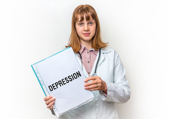 Female doctor showing clipboard with written text: Depression
