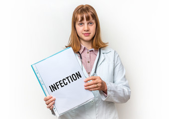 Female doctor showing clipboard with written text: Infection
