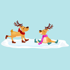 Christmas reindeer with horns and scarf skates on ice fun and happily spending time on the eve of New Year holiday, winter christmas animal deer vector illustration