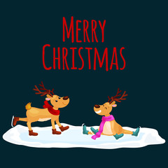 Fototapeta premium Christmas reindeer with horns and scarf skates on ice fun and happily spending time on the eve of New Year holiday, winter christmas animal deer vector illustration