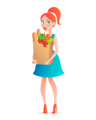 Vector illustration of young woman holding paper bag of groceries. Girl with vegetables in supermarket. Cartoon style