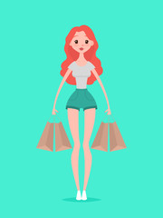 Young hipster woman with shopping bags. Vector illustration. Design template. Cartoon