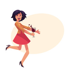 Young beautiful girl dancing at the party with a wine glass, cartoon vector illustration isolated on yellow background. Full height portrait of young pretty woman dancing and having fun