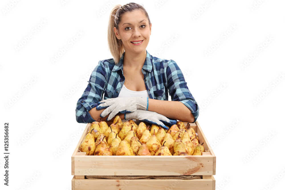 Wall mural female agricultural worker posing behind crate full of pears