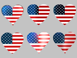 American flag in heart. Collection of hearts with the American flag. Vector illustration.