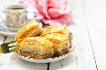  traditional eastern desserts on wooden background