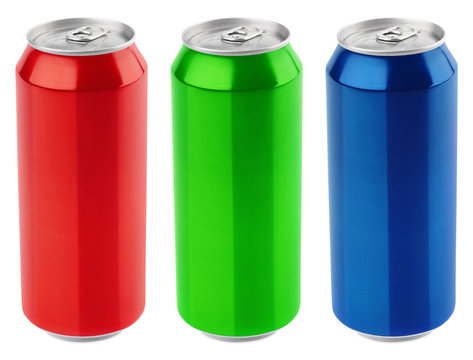 Set of color aluminum 500 ml beer can isolated on white background with clipping path