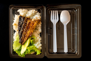 Grill fish on rice in plastic box, Take home food