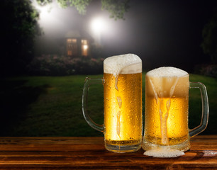 cold mug of beer in a landscape