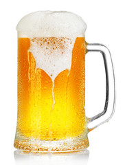 cold mug of beer with foam isolated on white background