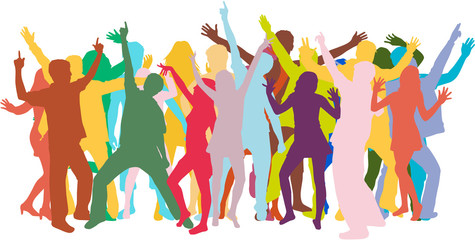 Dancing people silhouettes. Large group.