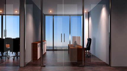 Interior of the modern office in the highlands. 3d rendering.