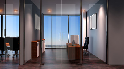 Interior of the modern office in the highlands. 3d rendering.