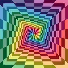 Vector Illustration. Rainbow Colored Rectangles Expanding from the Center. Optical Illusion of Perspective and Volume. Suitable for Web Design.
