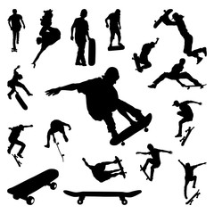 Skateboarder Man Playing Freestyle Extreme Skateboard Silhouette Set