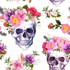Behang Doodshoofd met bloemen Menselijke schedels, bloemen. Naadloze patroon. Waterverf