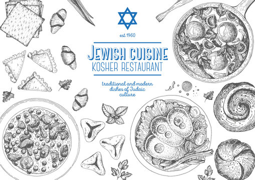 Jewish cuisine top view frame. Jewish food menu design. Kosher food. Vintage hand drawn sketch vector illustration. Linear graphic