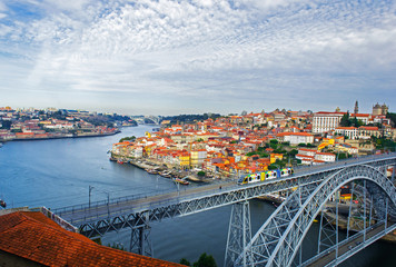 Porto, Portugal old town on the Douro river view with the Dom Lu