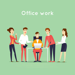 Business characters. Teamwork. Presentation. Workplace. Office life. Flat design vector illustration.