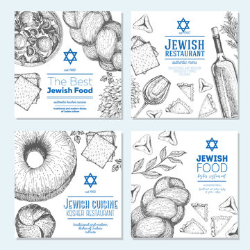Jewish food banner set. Jewish food square banner collection. Linear graphic