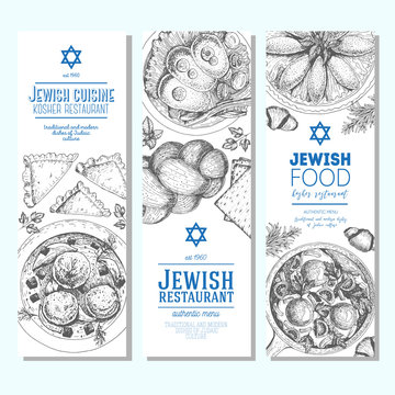 Jewish food banner set. Jewish food vertical banner collection. Linear graphic