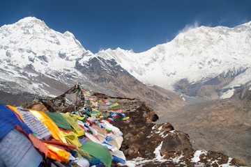 Buddhist prayer flags and Mount Annapurna