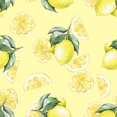 Lemons and slice. Watercolor seamless pattern 1. Hand drawn background