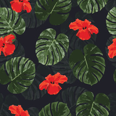 Tropical seamless pattern with palm monstera leaves and flowers