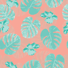 Tropical seamless pattern with palm monstera leaves and flowers © bluelela