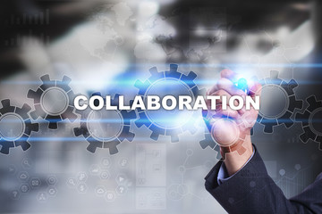 Businessman is drawing on virtual screen. collaboration concept.