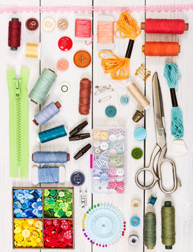 Tools and accessories for sewing. Top view. Flat lay composition