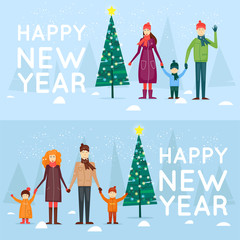 Family spending christmas outdoors. Merry Christmas and Happy New Year. Xmas Poster, banner, printed matter, greeting card, banners. Flat design vector illustration.