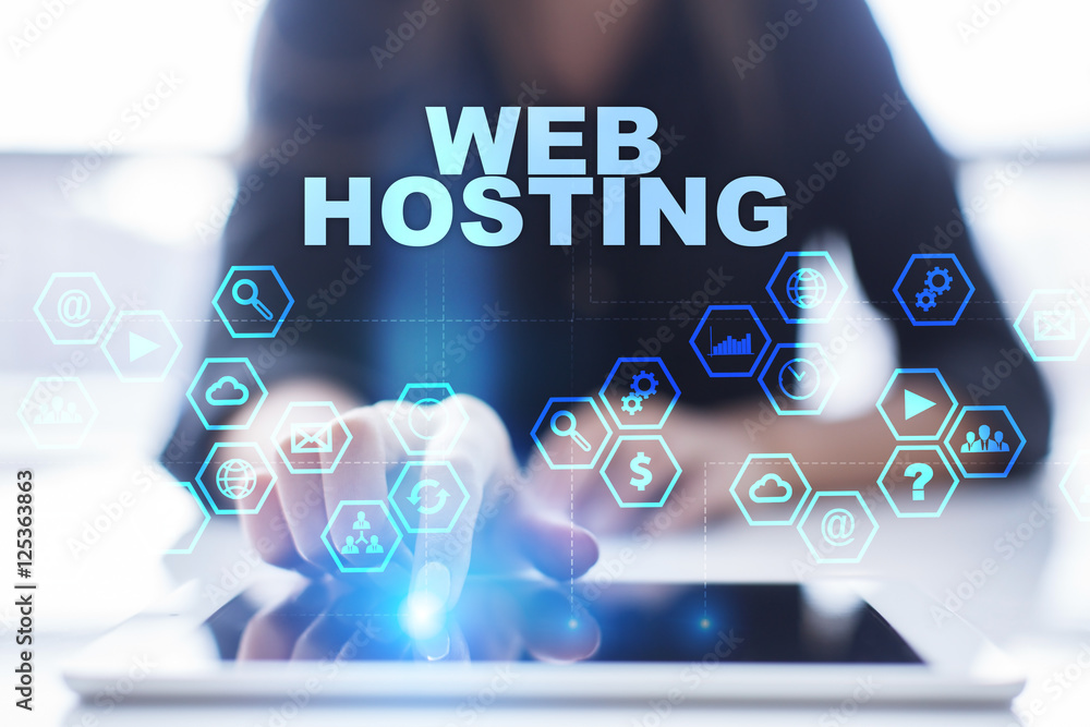 Poster woman is using tablet pc, pressing on virtual screen and selecting web hosting