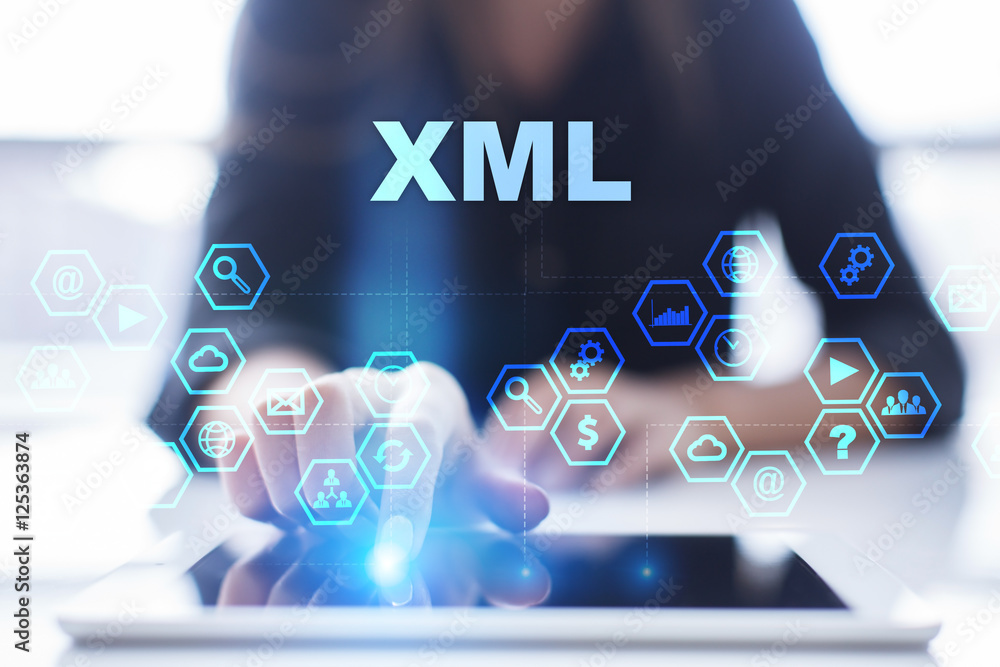 Wall mural woman is using tablet pc, pressing on virtual screen and selecting xml