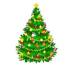 holiday christmas tree isolated decoration for celebrate xmass with ball gold bells candles stars lights candy and gingerbread men