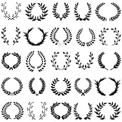 Hand drawn decorative floral set of 25 wreaths made in vector. Unique collection of laurel wreaths and branches in black color.