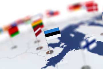 Estonia flag in the focus. Europe map with countries flags - obrazy, fototapety, plakaty