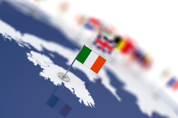 Ireland flag in the focus. Europe map with countries flags - 125365474